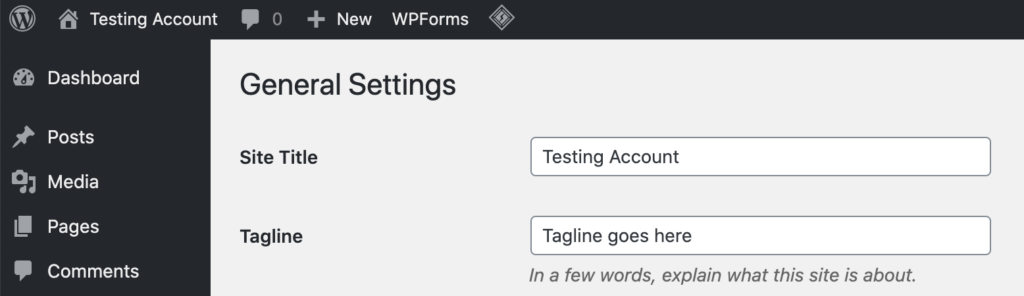 Screenshot yang menampilkan pengaturan Judul dan Tagline di dashboard WordPress