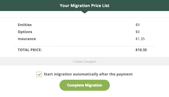 Screenshot total harga akhir CMS2CMS dan tombol migrasi lengkap