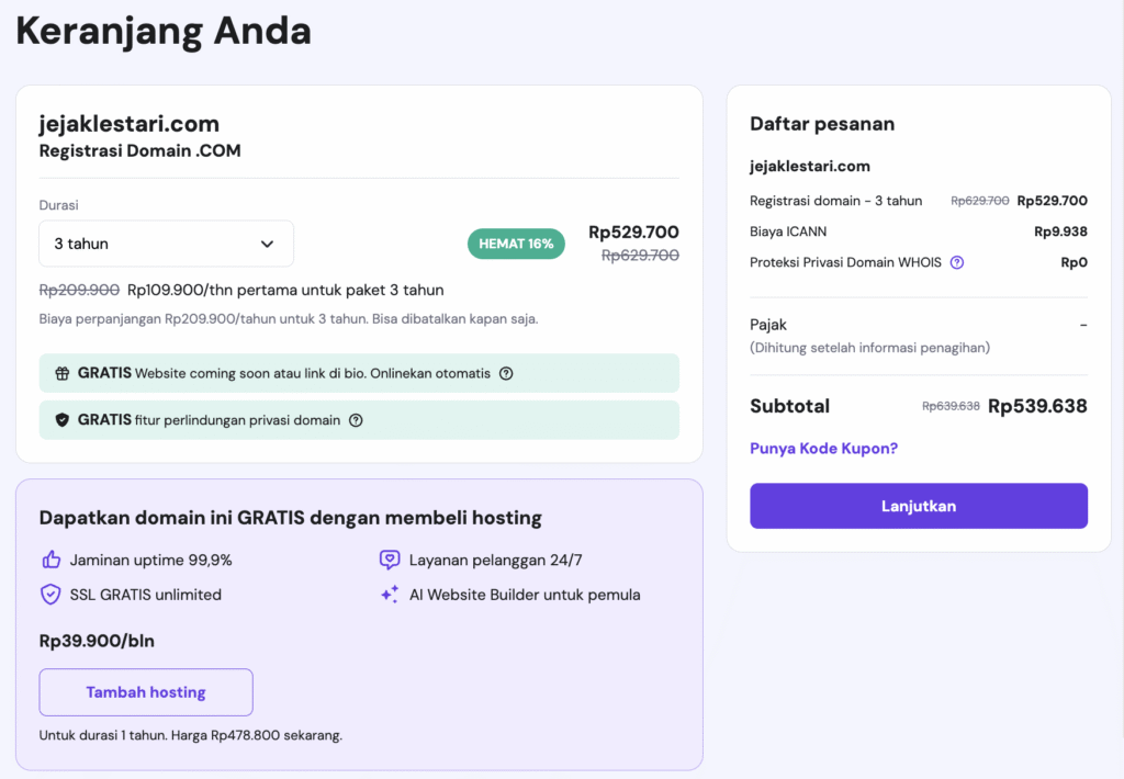 Halaman keranjang pembelian domain Hostinger