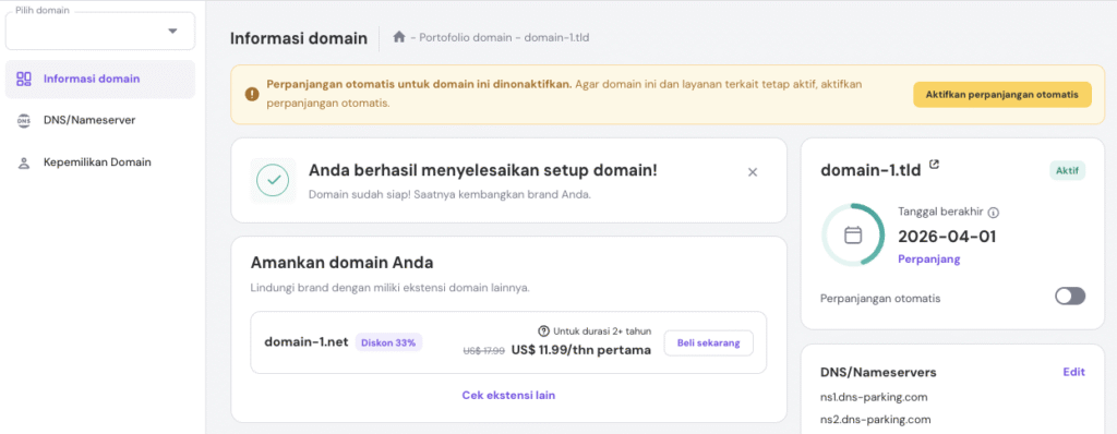 Halaman Informasi domain di hPanel menampilkan informasi pendaftaran dan fitur lainnya
