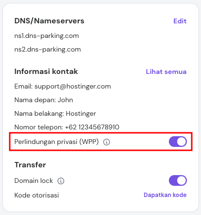 Bagian perlindungan privasi domain di hPanel dengan tombol yang diaktifkan