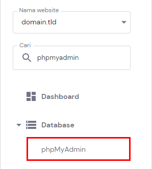 Foto menu phpMyAdmin dalam kotak merah di menu samping hPanel