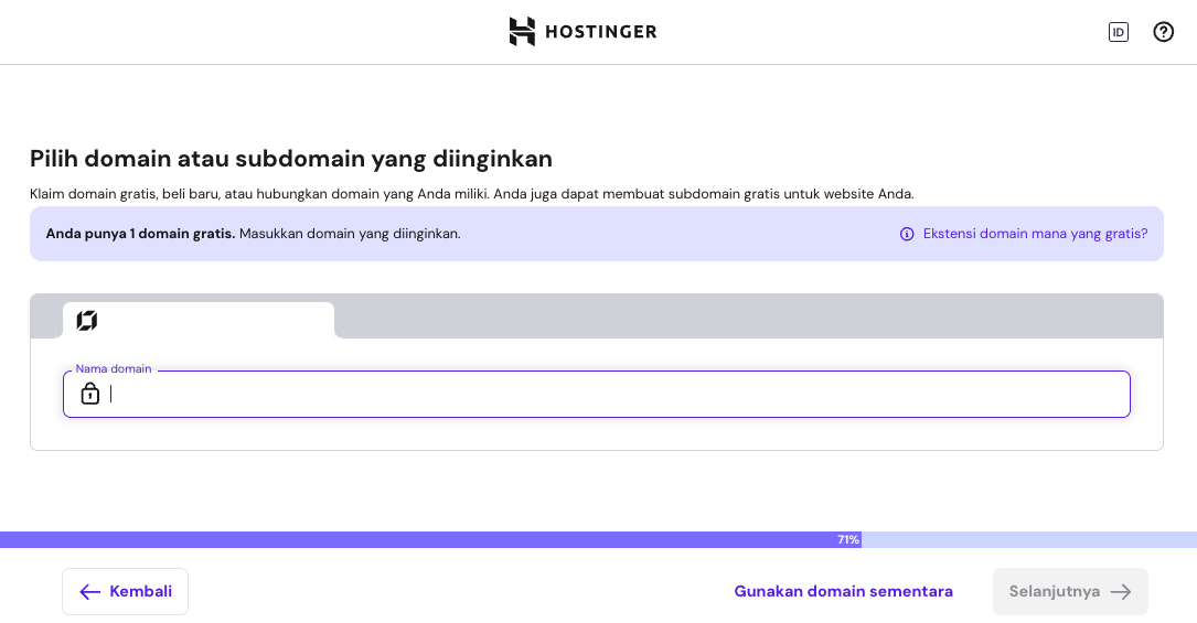 Proses onboarding di hPanel untuk klaim domain gratis
