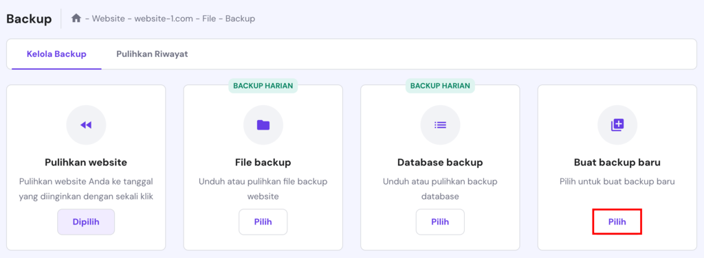 bagian backup hpanel dengan opsi buat backup baru yang dipilih
