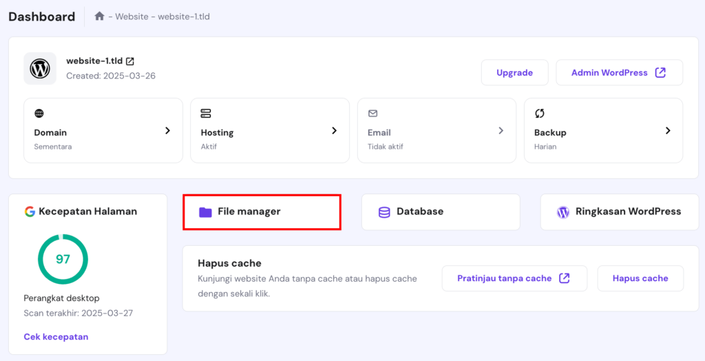 tampilan menu file manager hostinger di halaman dashboard hpanel