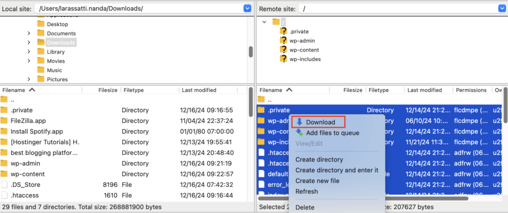 tampilan bagian remote file di filezilla dengan semua file yang dipilih untuk didownload
