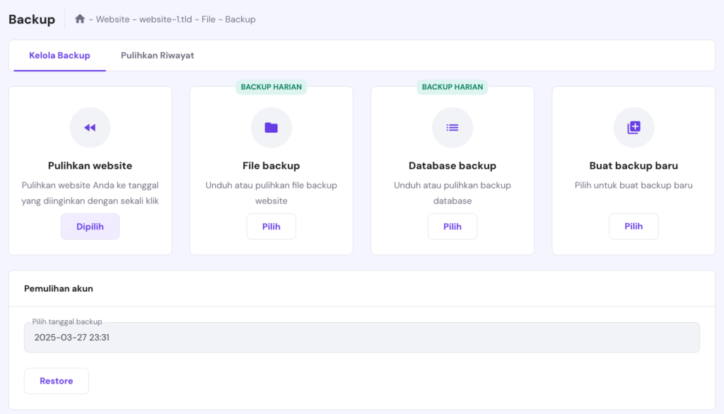 bagian pemulihan akun dari menu backup di hpanel