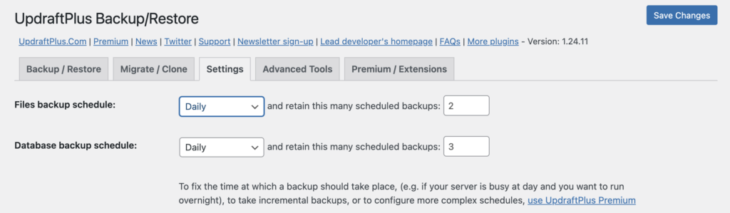 bagian pengaturan updraftplus untuk memilih frekuensi backup