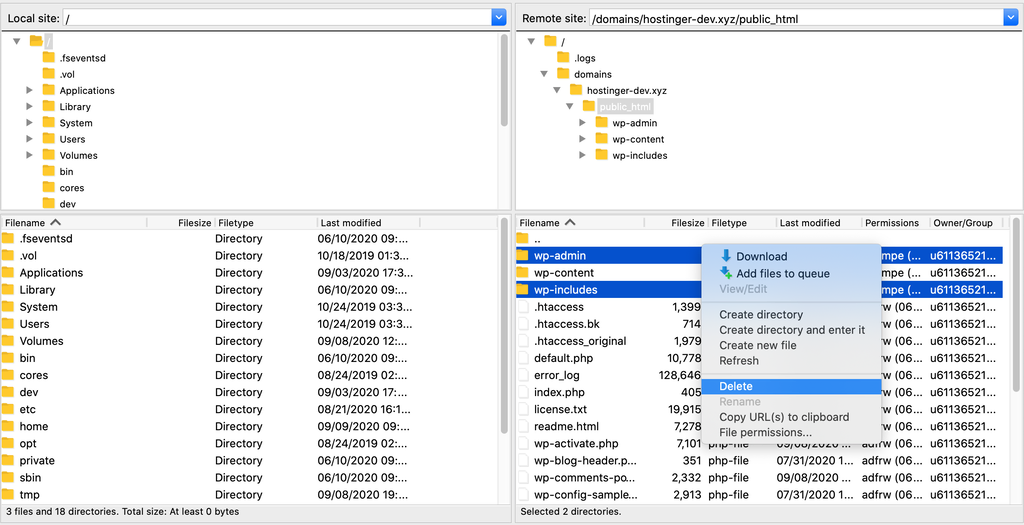 menghapus wp-admin wp-includes