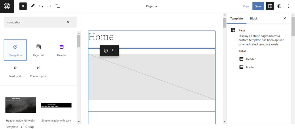 tampilan site editor wordpress menunjukkan blok navigation