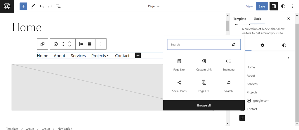 tampilan site editor wordpress menunjukkan proses membuat submenu baru