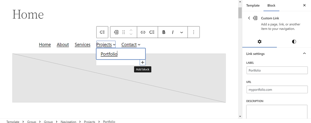 tampilan site editor wordpress menunjukkan proses membuat submenu kedua