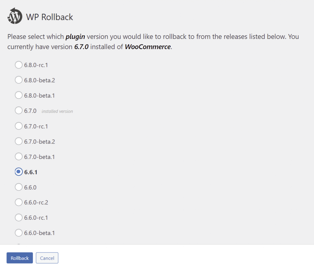 memilih versi plugin yang ingin downgrade menggunakan wp rollback