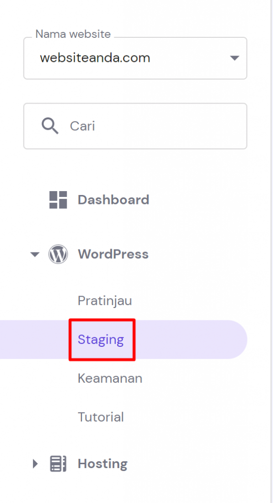 menu staging di sidebar kiri hpanel
