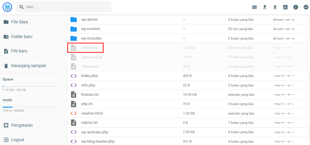 File .htaccess di tampilan file manager