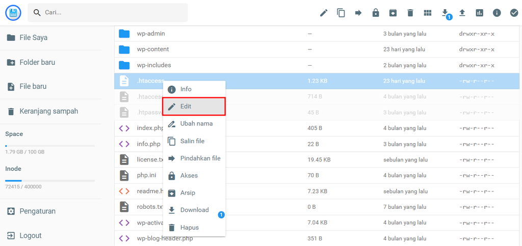 Pilihan Edit untuk file .htaccess di File Manager