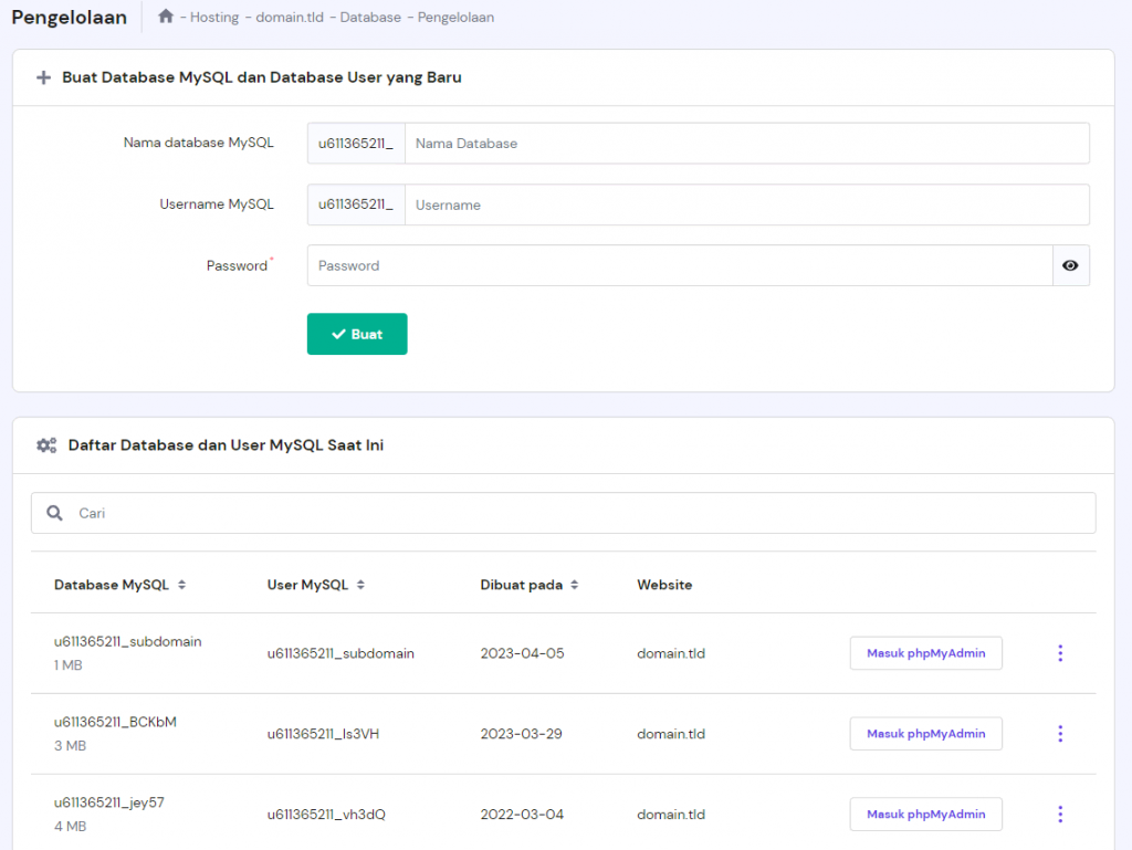 Halaman Manajemen database di hPanel
