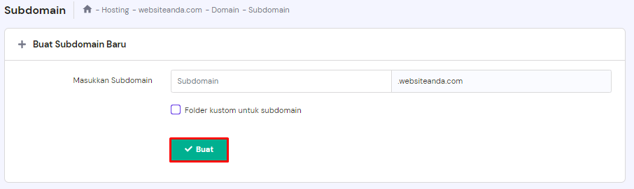 memilih tombol buat subdomain di hpanel