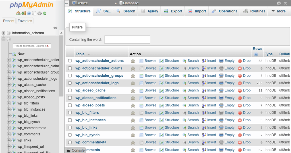database phpmyadmin untuk website wordpress