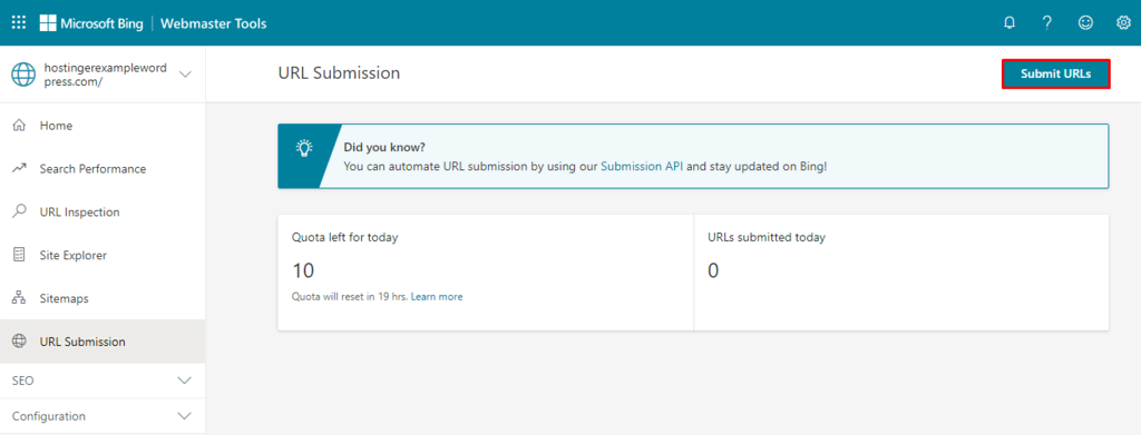 submit url ke bing webmaster tools