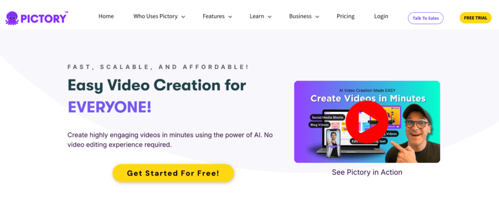 homepage website pictory ai, platform untuk membuat video ai
