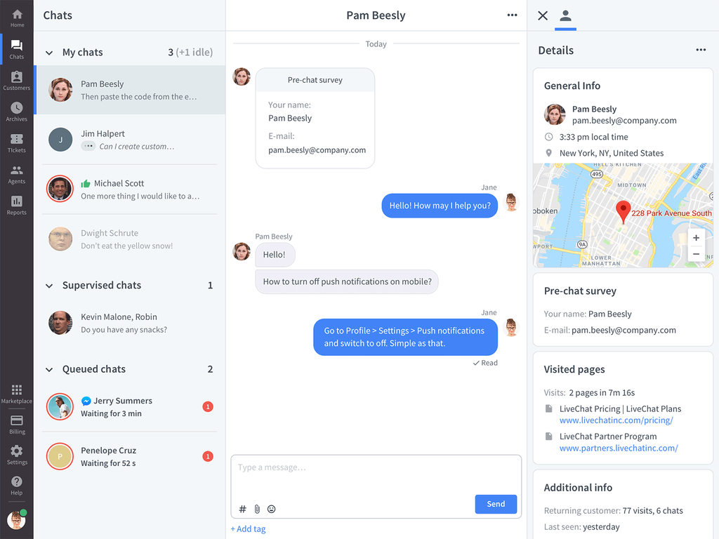 dashboard chat di LiveChats menampilkan tiga kolom