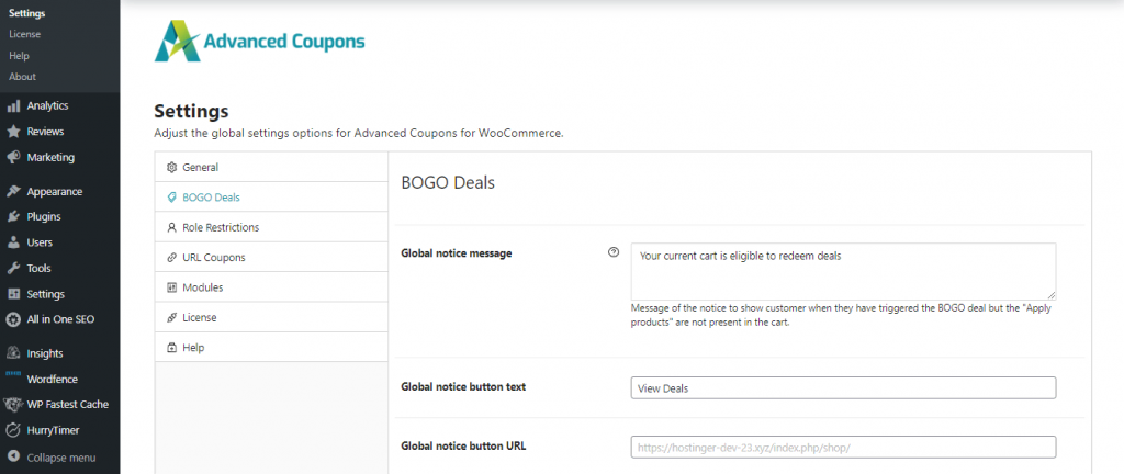 halaman pengaturan Advanced Coupons for WooCommerces