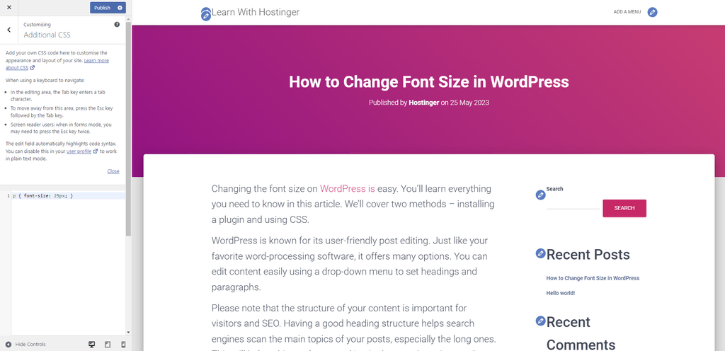 wordpress customiser css font paragraf