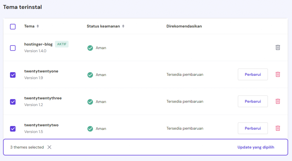 bagian tema terinstal di hpanel
