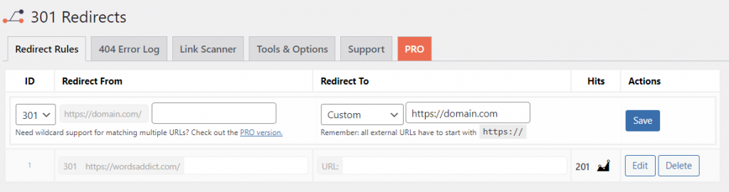 dashboard plugin 301 Redirects di WordPress