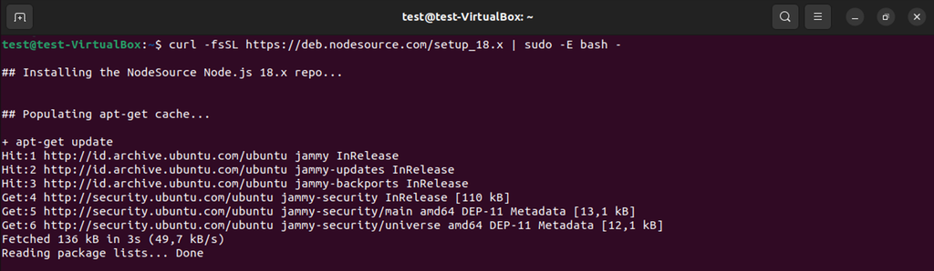 mendownload NodeSource dengan Node.js versi 18 x