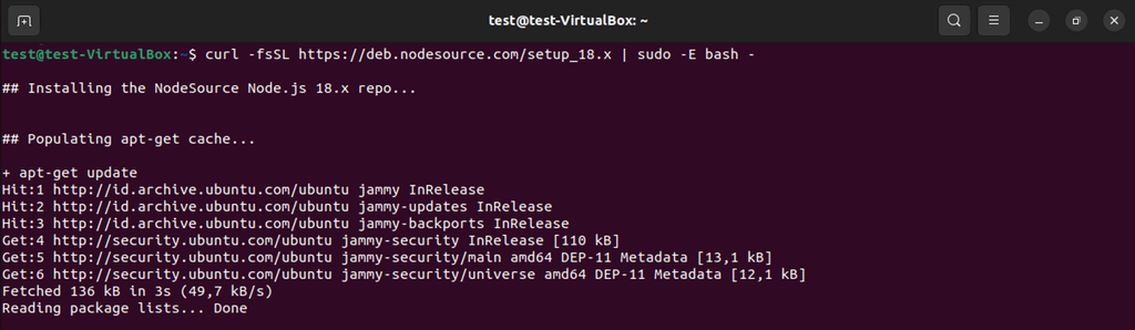 mendownload NodeSource dengan Node.js versi 18 x 