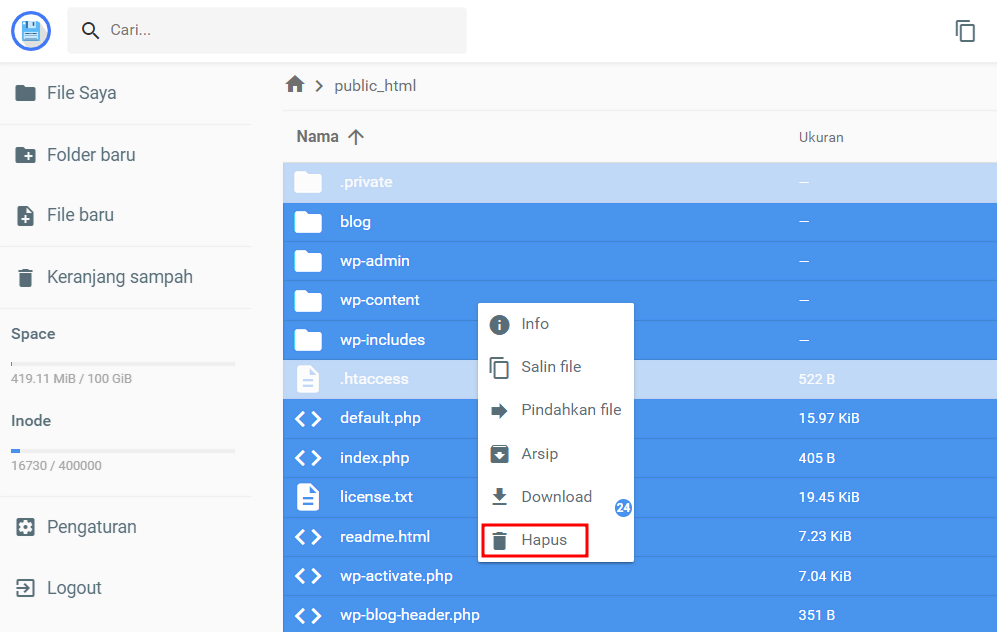 tampilan file manager hostinger dengan semua file yang dipilih untuk dihapus