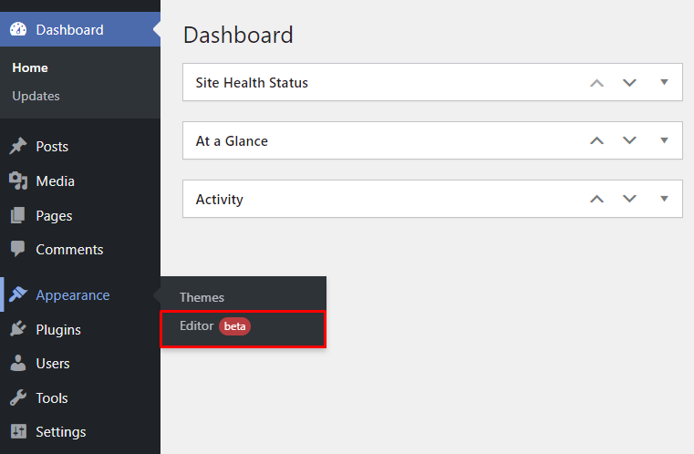 memilih menu editor untuk menggunakan versi beta site editor