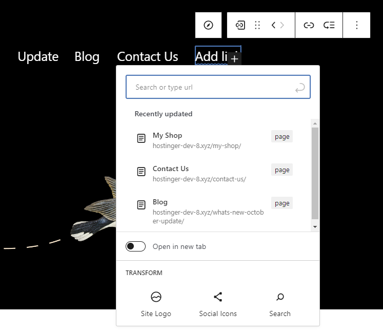 menambahkan item menu baru melalui Site Editor