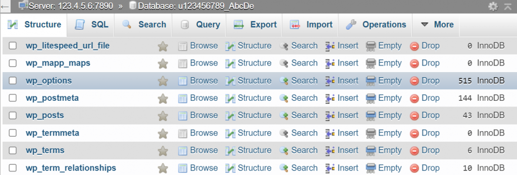 tabel wpoptions di phpmyadmin