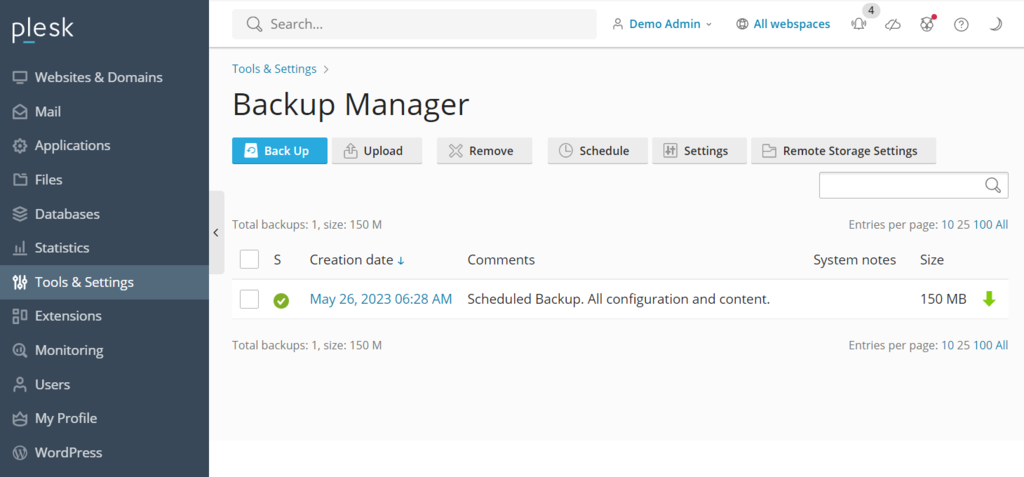 antarmuka tool Backup Manager Plesk