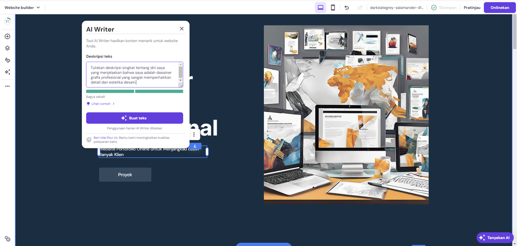 contoh penggunaan ai writer untuk menulis deskripsi desainer grafis