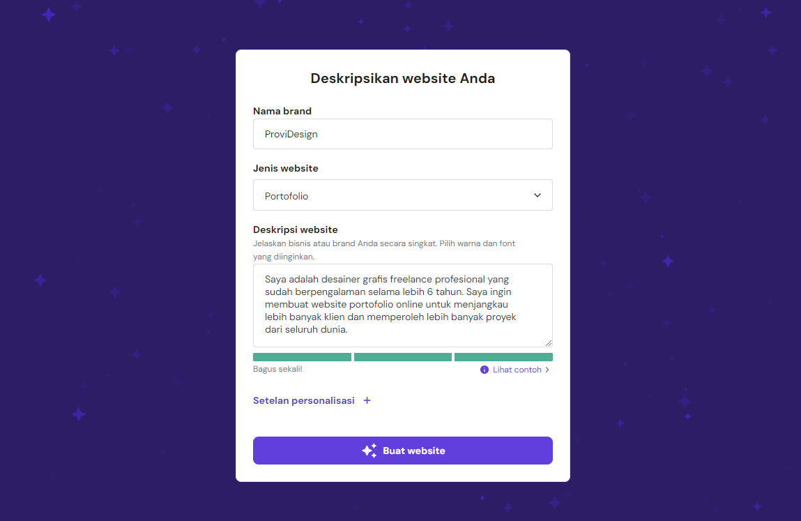 memberikan deskripsi pada tool ai website builder
