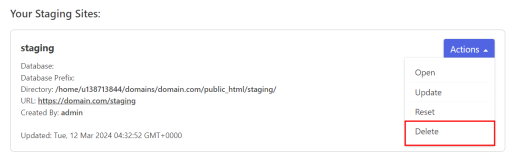 memilih hapus di plugin wpstaging