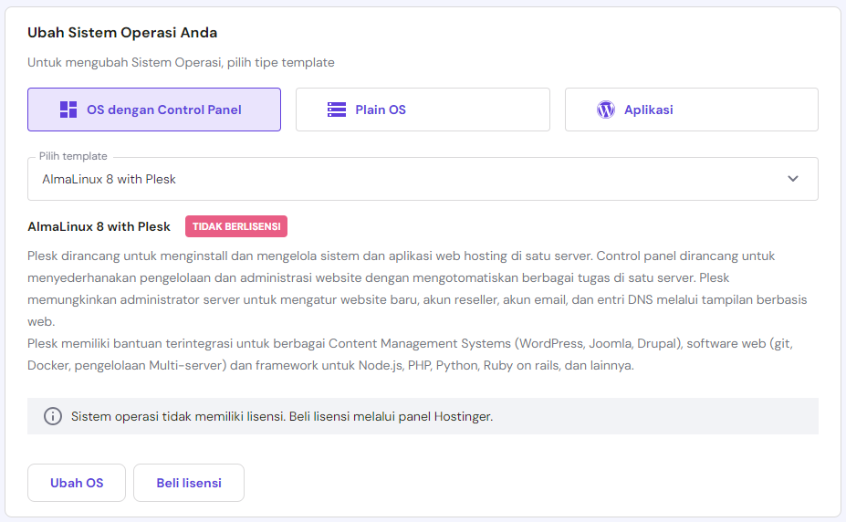 memilih os dengan plesk di vps hpanel
