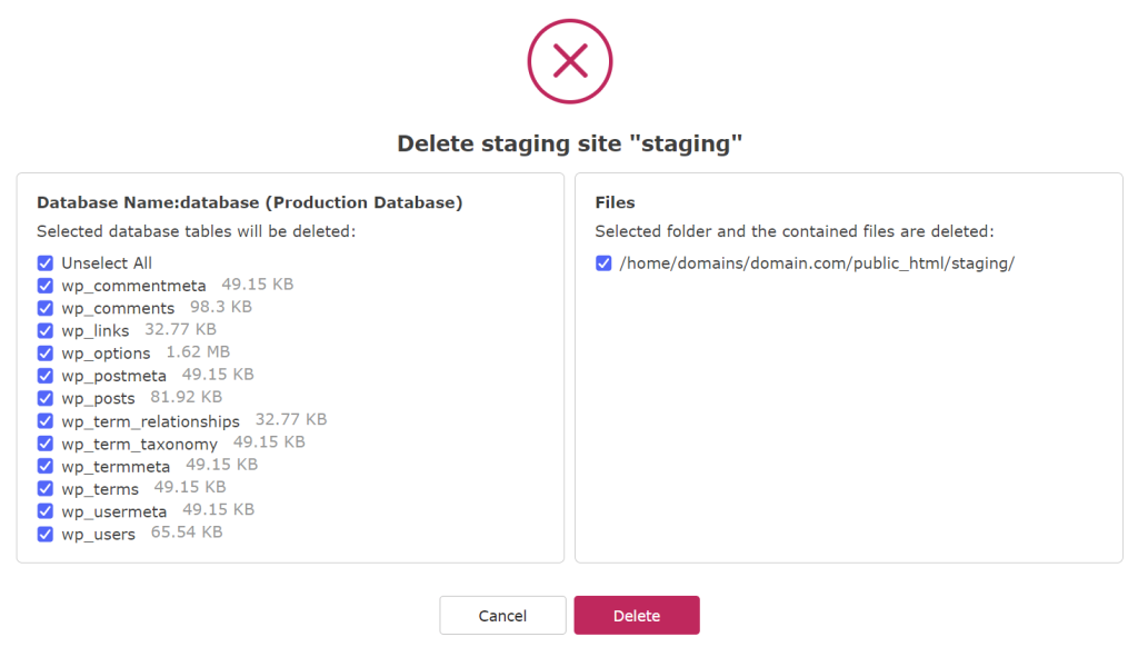 memilih semua data yang akan dihapus di wpstaging