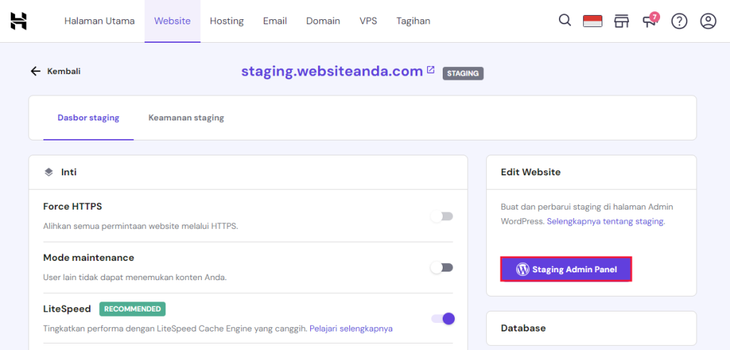 memilih staging admin panel untuk mengakses dashboard staging