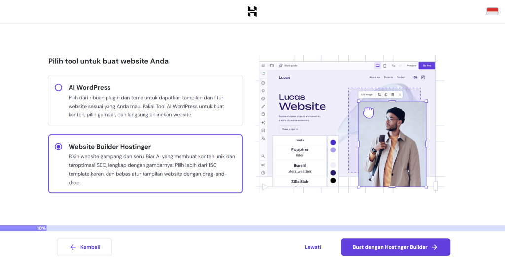 memilih website builder hostinger di halaman onboarding