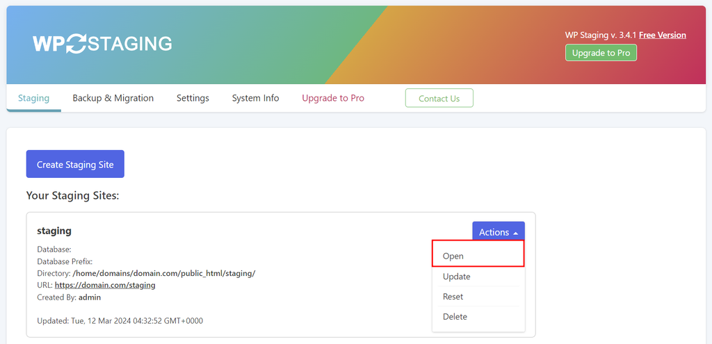 mengakses website staging yang baru dibuat menggunakan wpstaging