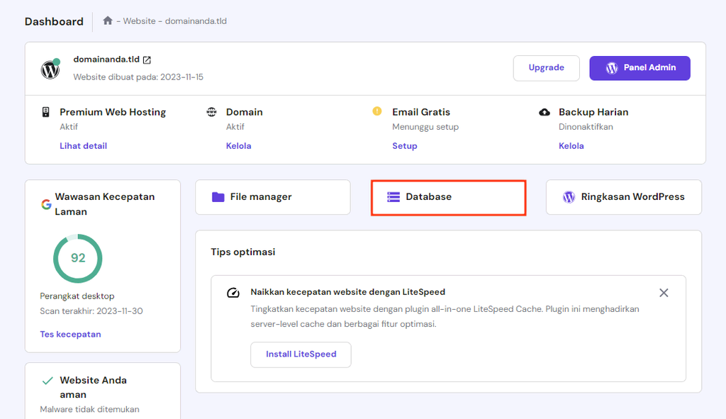 memilih menu database di dashboard hpanel