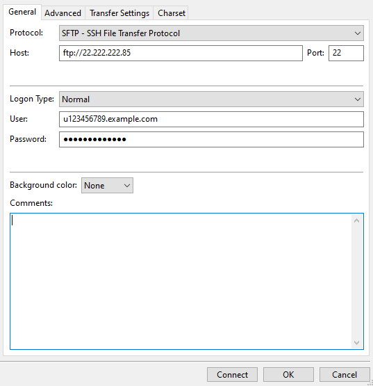 pengaturan site manager di filezilla