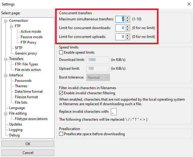 pengaturan transfer serentak di filezilla