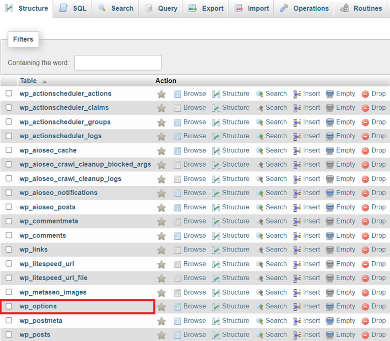 membuka wp options di phpmyadmin