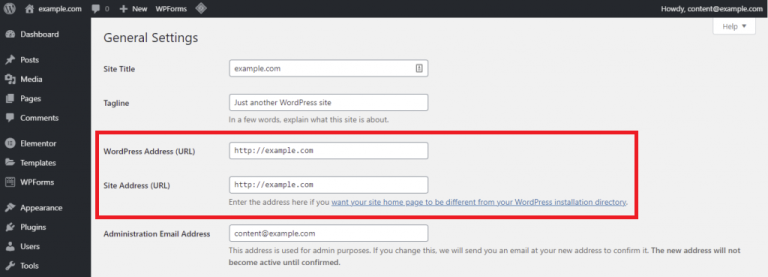 meninjau pengaturan url wordpress di dashboard admin